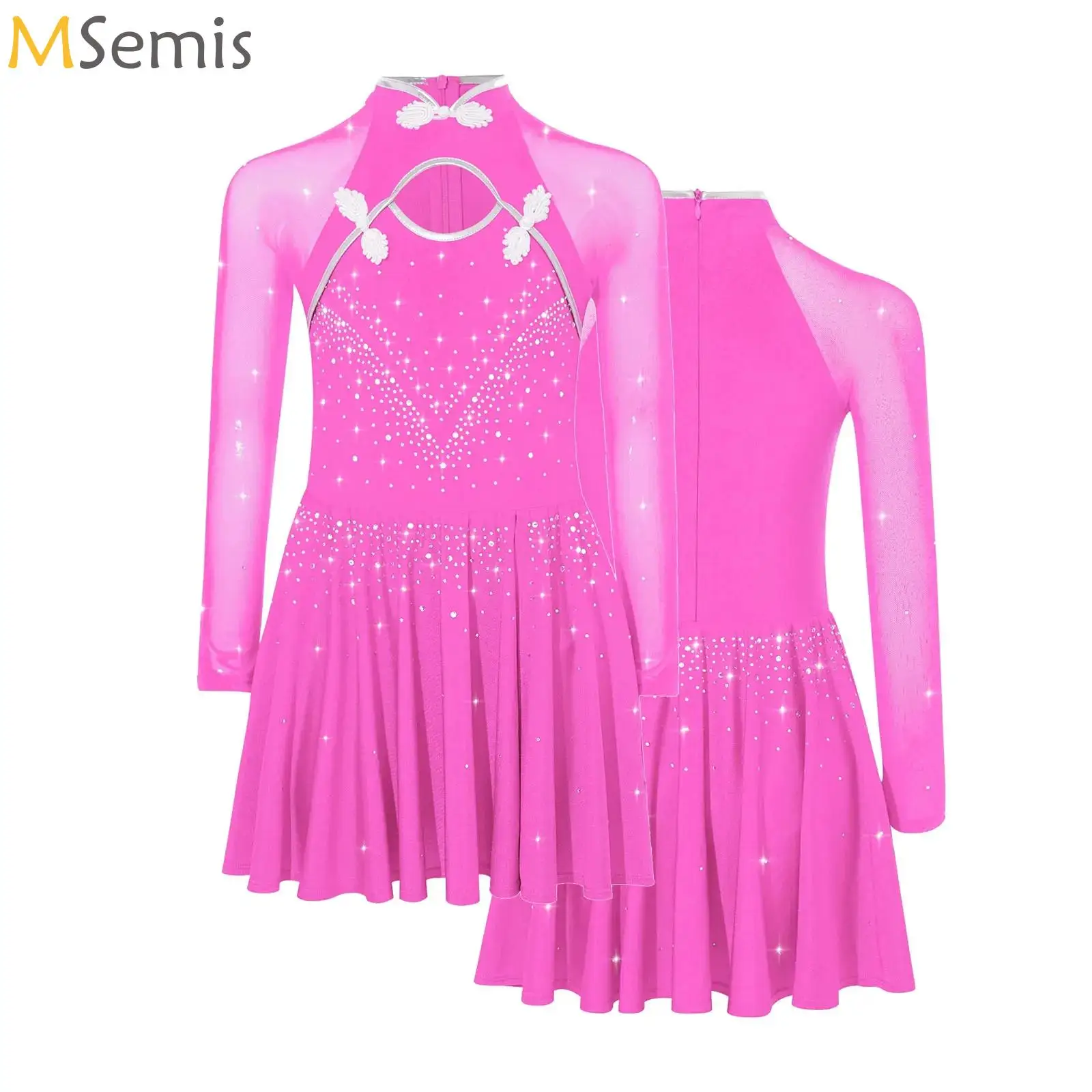 

Girls Figure Ice Skating Dresses Long Sleeve Rhinestone Gymnastics Jersey Ballet Dance Leotard Dress Stage Performance Costume