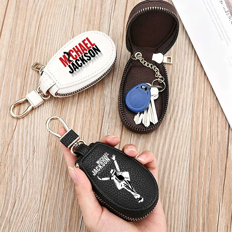 King of Pop Michael Jackson Leather Zipper Key Wallet MEN Pocket Keychain Multifunctional Mini Purse Key Holder Case FANS Gift