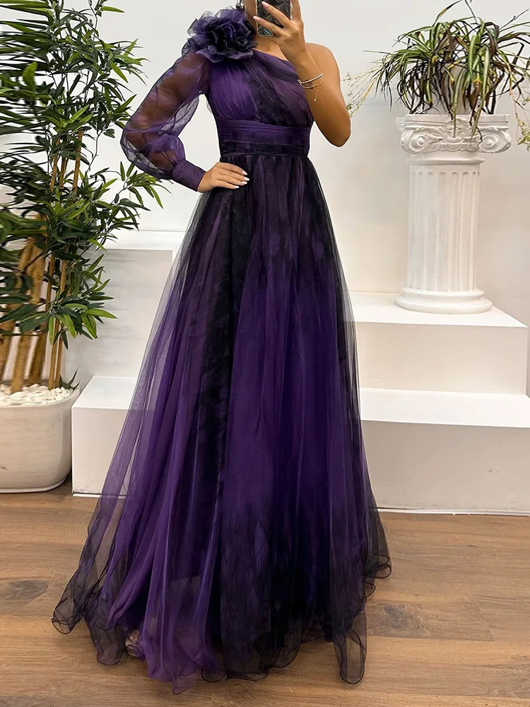 Spring Autumn Gauze Patchwork Simple Party Dress, Women Printed Holiday Long Sleeve Maxi Dress, Skew Collar Fashion Ladies Dress