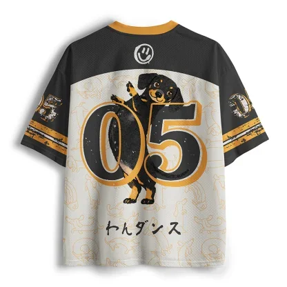 V Neck Mesh Jersey, Dancing Dachshund Japanese Kanji Print Short Sleeve Loose Streetwear Top