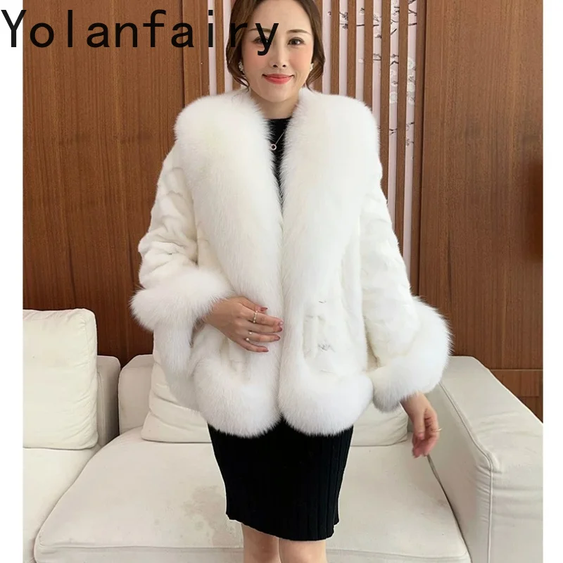 YOLANFAIRY 100% Real Fur Coat Women Mink Jacket 2026 Winter High Quality Pieced Mink Fur Coats Luxury Fox Fur Collar Elegant