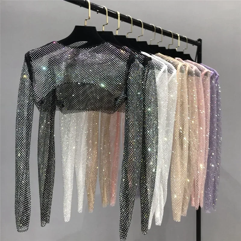 

Hollow Out Color Rhinestone Short Long Sleeved Shirt Night Club Sexy Navel Revealing Top Fishing Net T-shirt Sunscreen Shawl