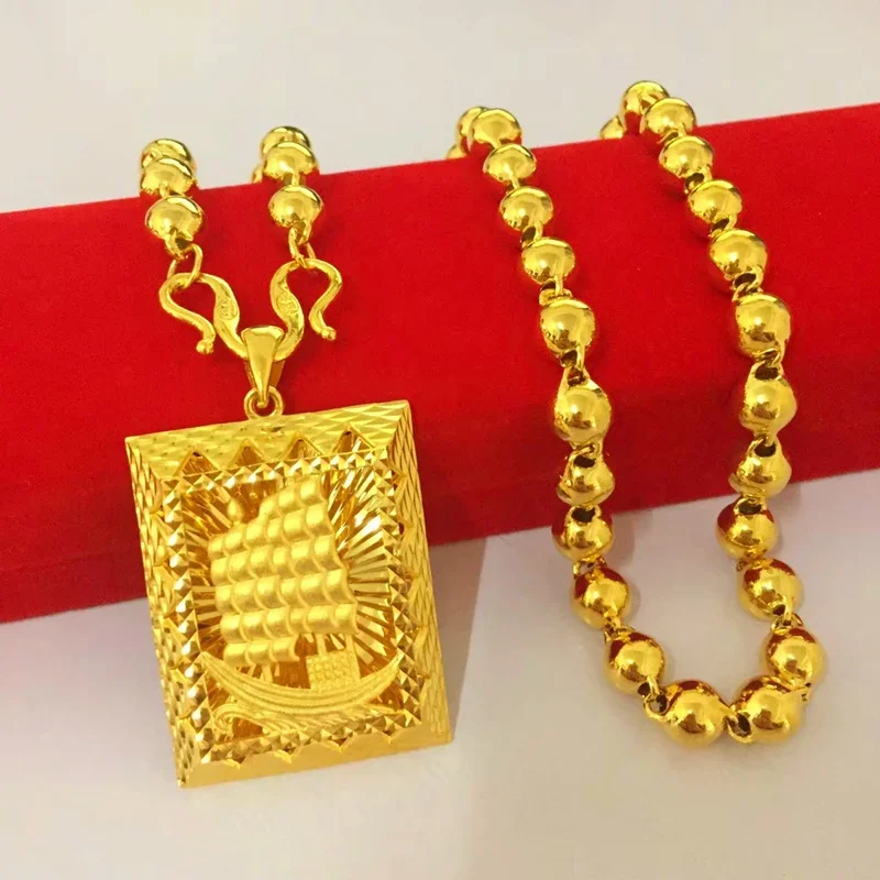 Collar de cuentas redondas grandes y puras para mujer, colgante de Guanyin de oro 999 de 18k, 100% hueco, esmerilado, chapado en 999