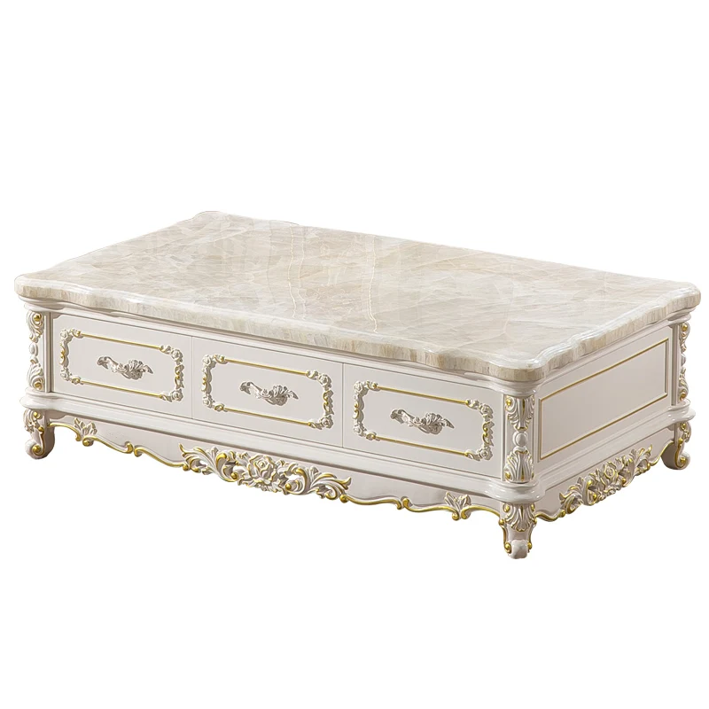 European style marble coffee table, living room, solid wood coffee table, tea table, carved ivory white
