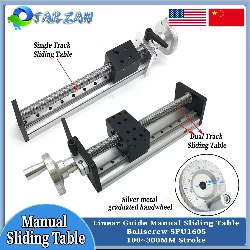 Manual Sliding Table Linear Rail Stage Module SFU1605 C7 Ballscrew Single Double Guide With Handwheel 100mm-300mm Stroke For CNC