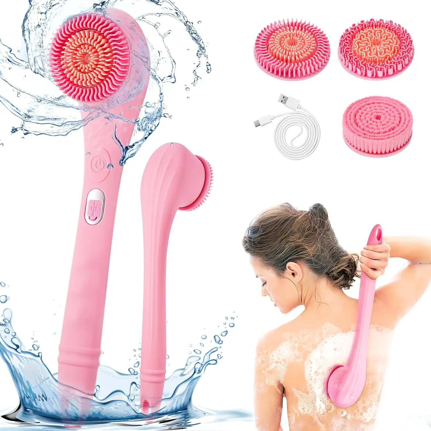 Electric Body Brush Back Scrubber Rechargeable Scrubber Shower Brush 3 Cleaning Heads 2 Speeds Bathing Brush Massage Exfoliator