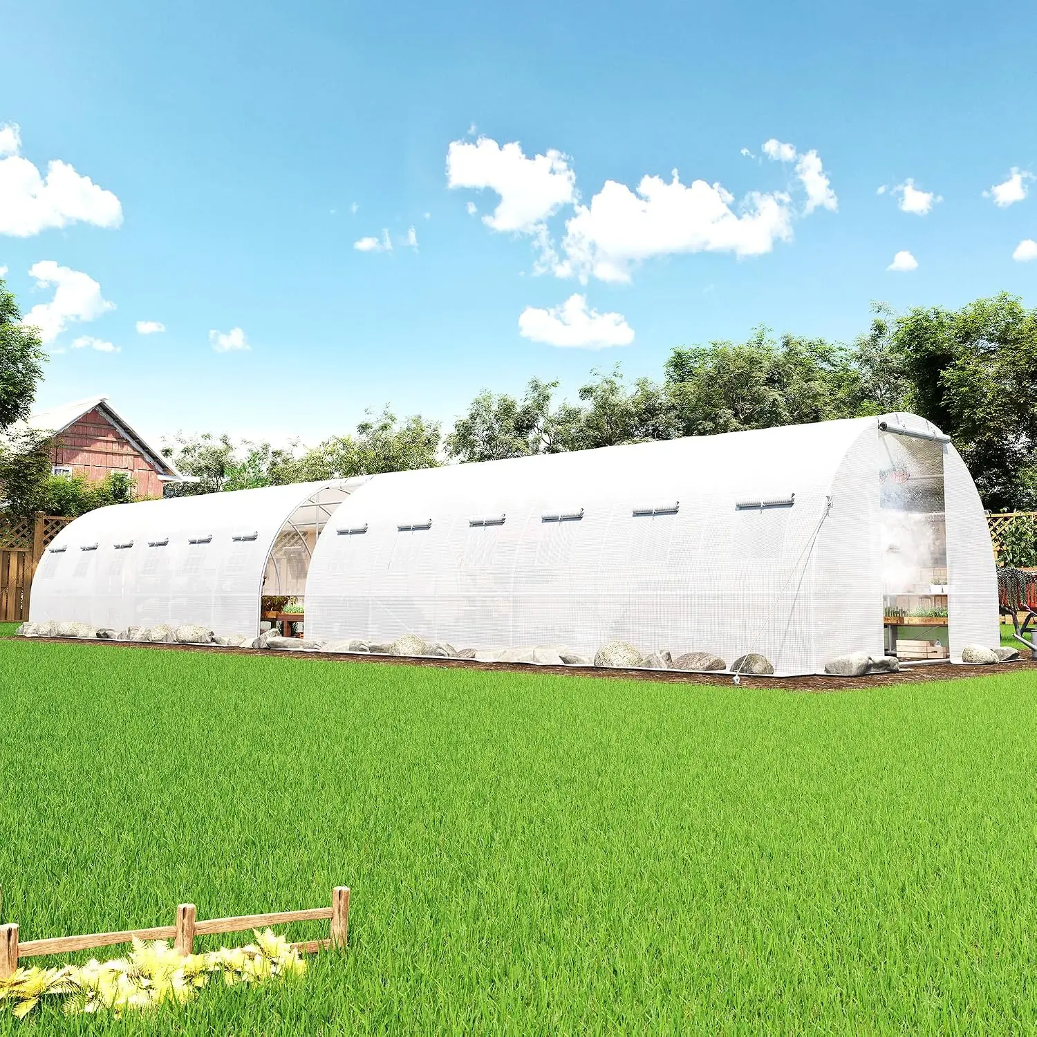 10x44 FT White Walk-in Tunnel Greenhouse with Watering System