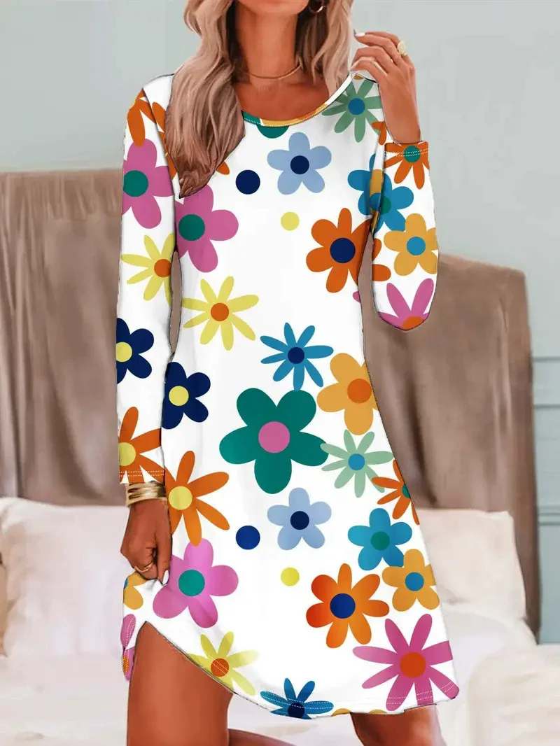 Long Sleeve Floral Pattern Women Mini Dresses All Season 3D Printed Flower Streetwear Ladies Dress 3XL Plus Size Casual Dress