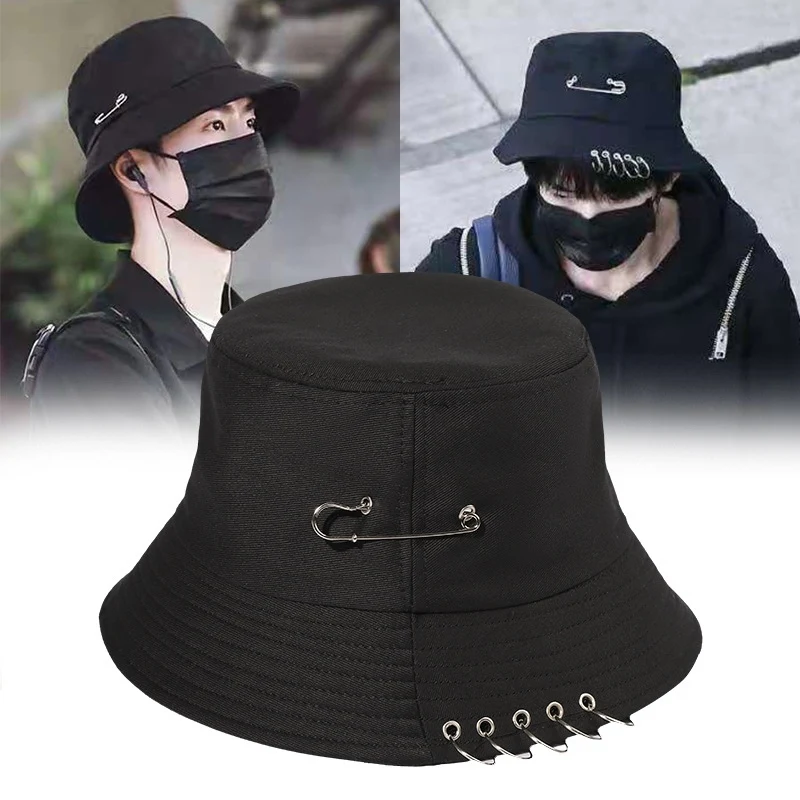 Fashion Brooch Hoop Women Bucket Hat Punk Hip Hop Black White Men Fisherman Cap Summer Casual Streetwear Panama Caps For Girls