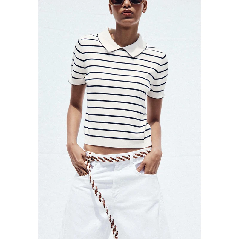 Atasan Rajut Kasual Wanita Musim Panas, Warna Blok, Model Slim Fit dari Serat Polyester