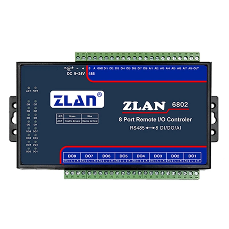 ZLAN6802-Contrôleur d'E/S à distance à port 8 canaux, DI AI DO RS485 Ethernet Modbus I/O Tech RTU, collecteur de données