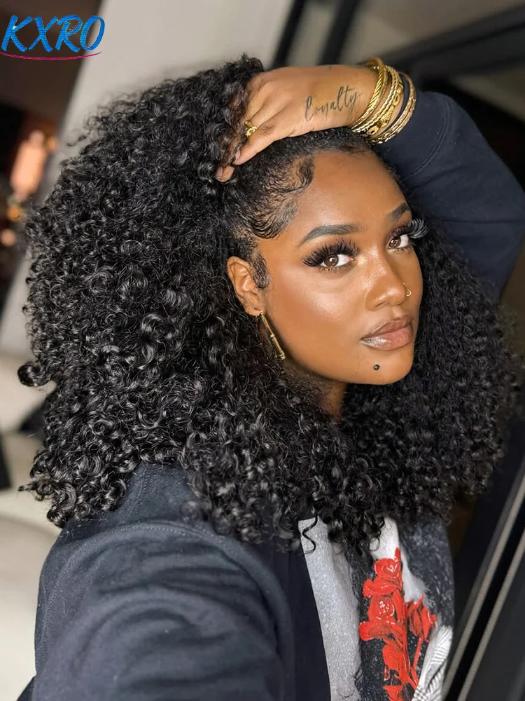 3-in-1 Halbperücke mit Kordelzug, nahtlose, klebefreie, lockige Echthaarperücke, Kinky Curly Stirnbandperücke, maschinell gefertigt, für Damen, 200/250 Dichte, sofort tragbar, im Ausverkauf,