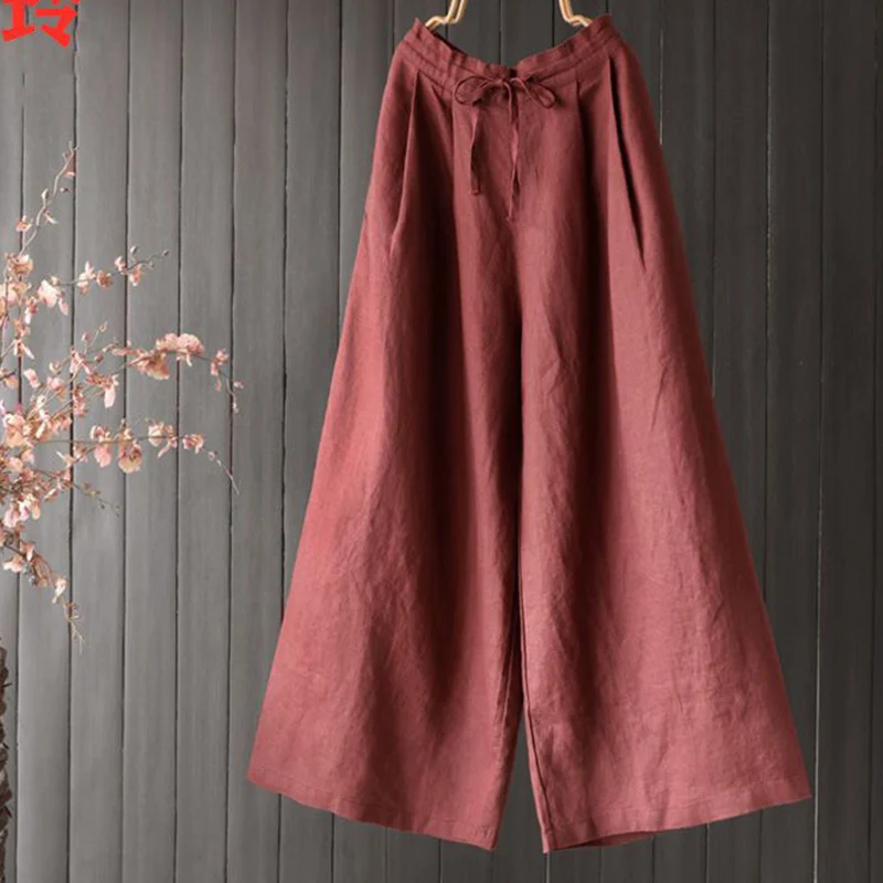 Cotton Lacing Wide Leg Pants Ladies Summer Casual Solid Color Elastic Waist Trousers Oversized Vintage All-match Loose Pants