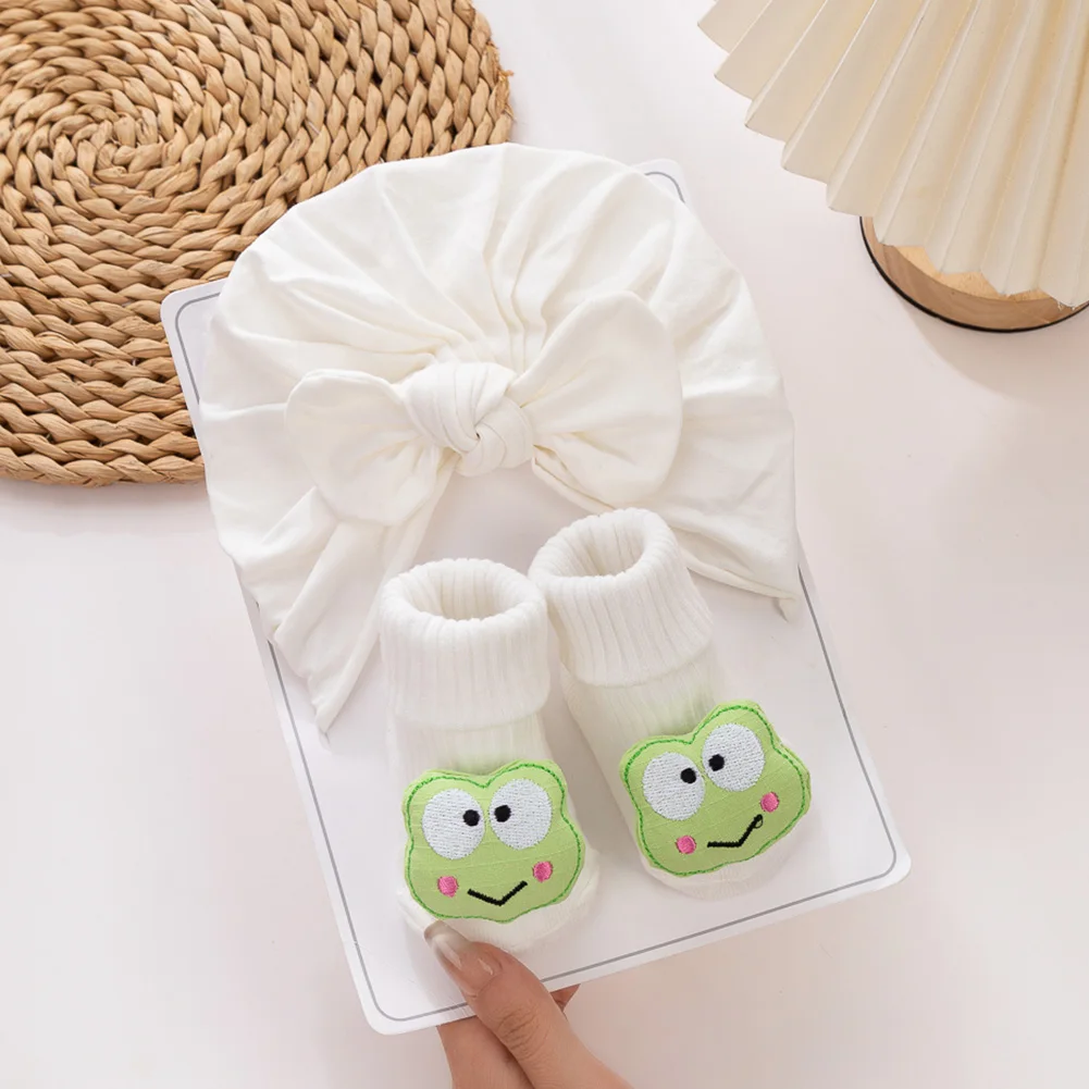 3Pcs/Set Frog Star Baby Turban Hats Socks 0-12M Cute Cartoon Soft Cotton Anti Slip Solid Newborn Toddler Sock Bow Caps Headwraps