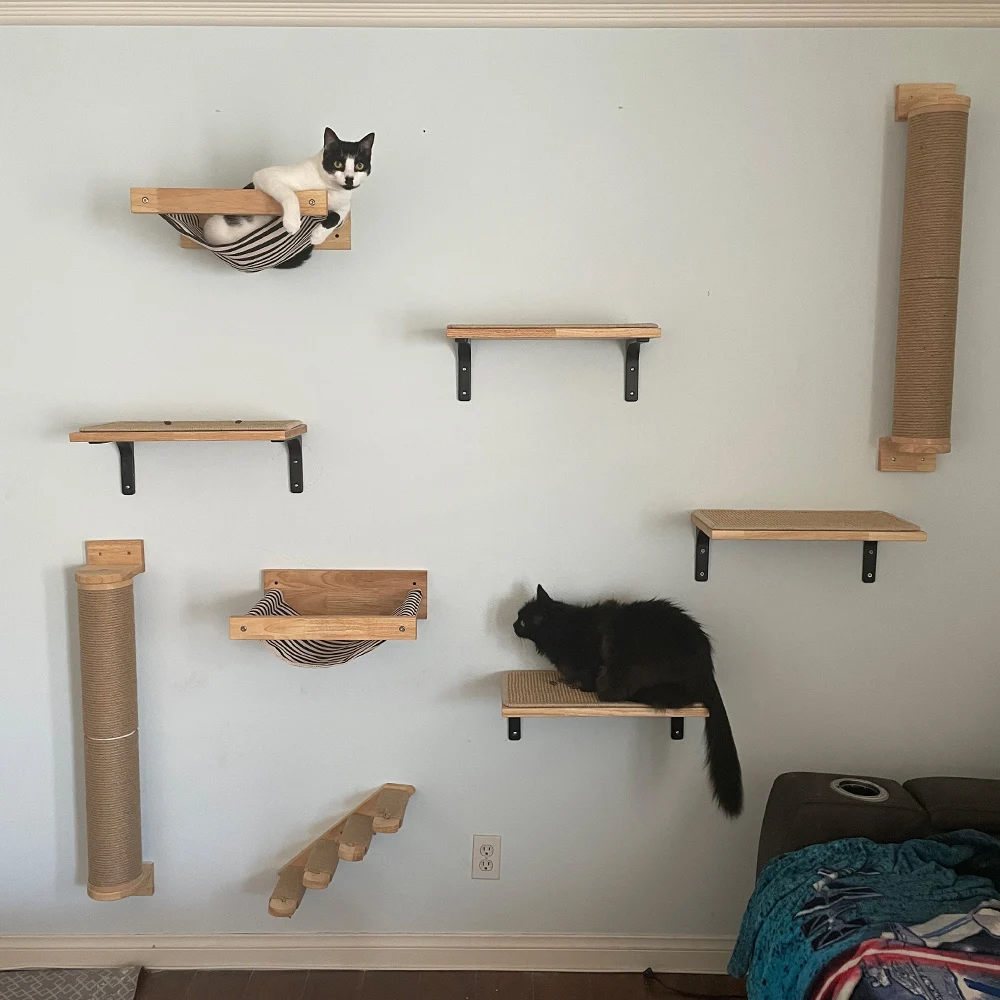 Wall Mounted Cat Bridge Cat Hammock with Wood Stairway or Scratching Post for Cats Perch and Playing Cat Indoor Playground