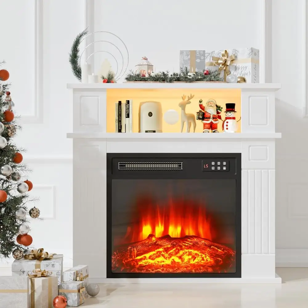 

White 28 Inch Electric Fireplace with Mantel and Remote Control, Freestanding Design, Realistic Log Flame, Storage Shelf Include