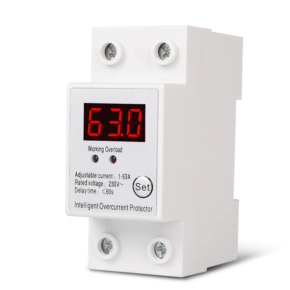 

30A/63A Single Phase Adjustable Current Protector Intelligent Auto Recovery Overcurrent Protection Device LED Display Amp Meter