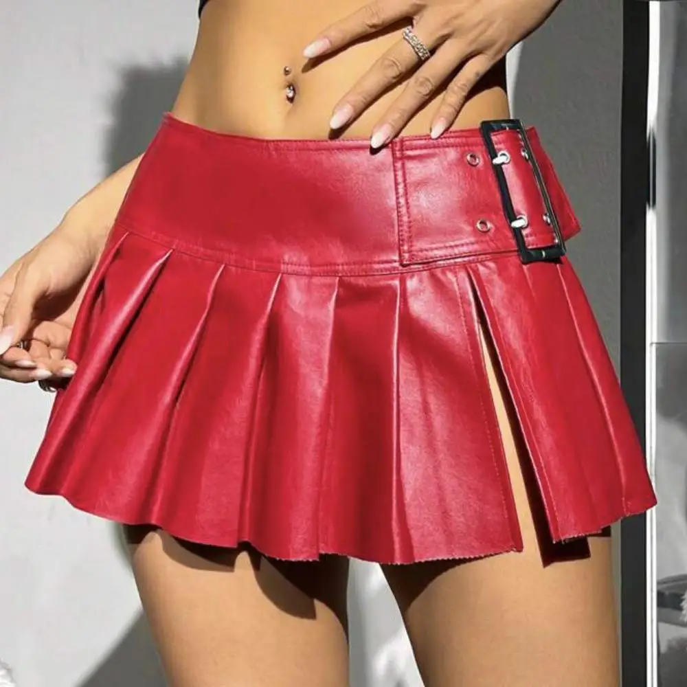 

Women's PU Leather Pleated Skirt Slimming Waist Design Versatile f-length Ciwalk Punk Sle Mid-waist Batwing pe