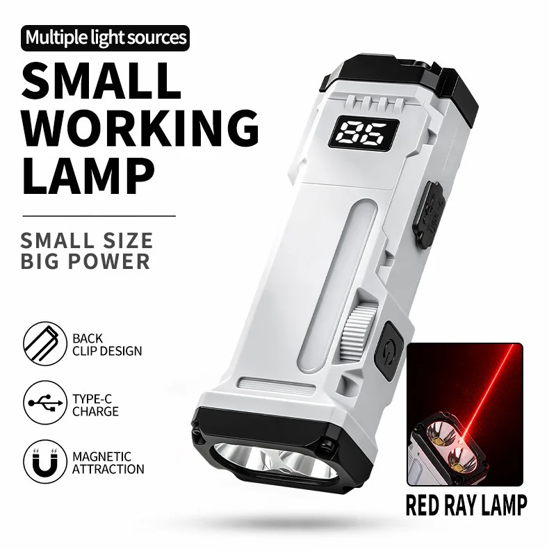 Multifunctional EDC LED Flashlight Protective Working Light with Multiple Light Sources Magnet Pen Clip Red Laser