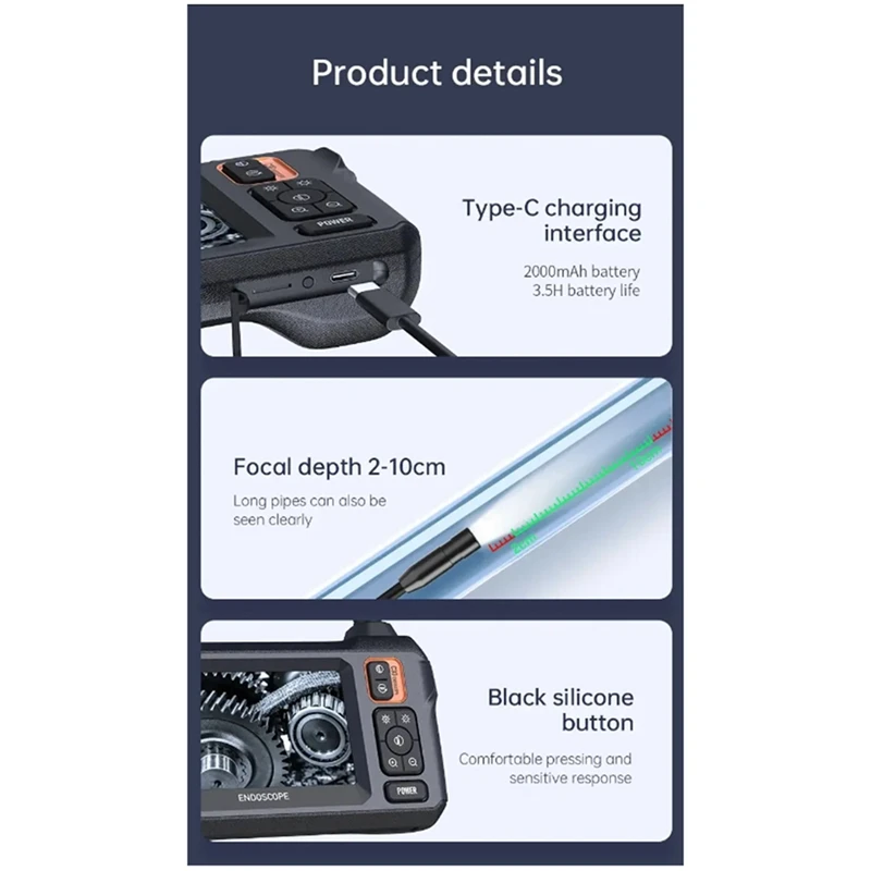 Endoscope Of Industrial Camera HD1080P 4.3Inch IPS Screen 1080P Pipe Inspection For Car Repair IP67 Waterproof 8 LED Durable