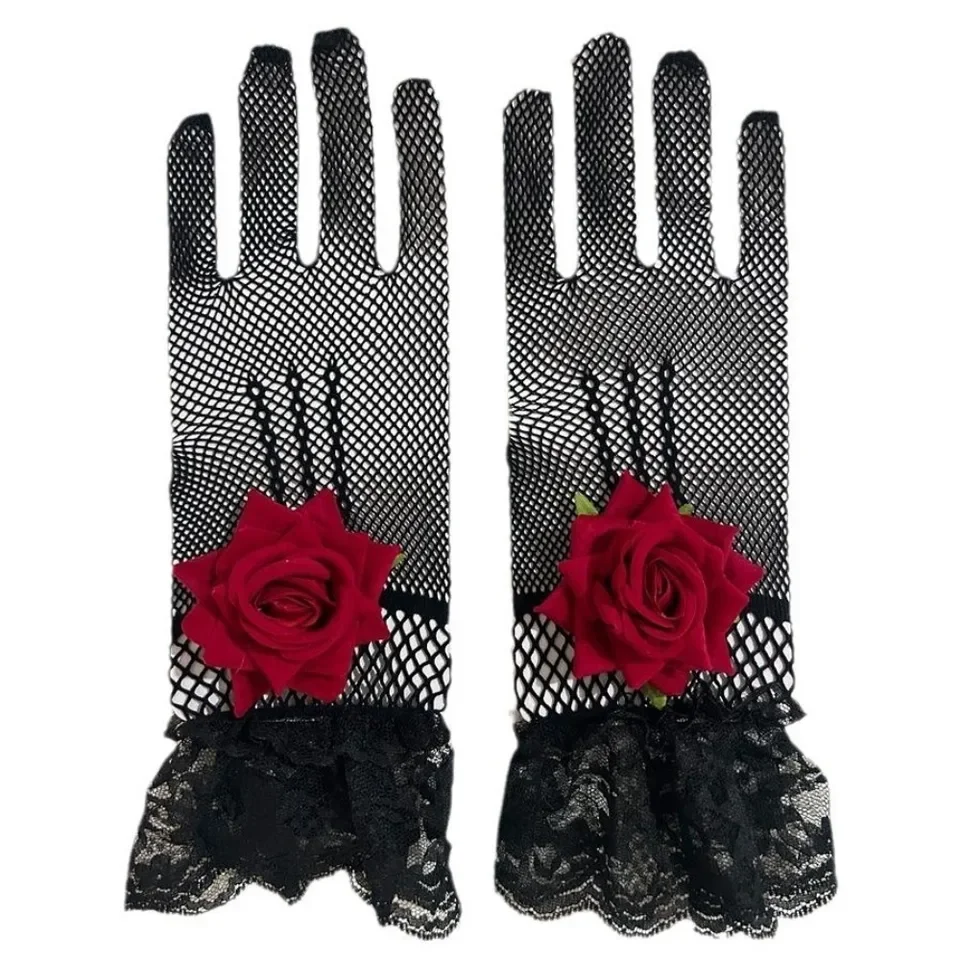 

New Rose Flower Lace Mesh Mittens Party Dress Punk Hop Fishnet Gloves Dance Costume Photography Prop Performance Gloves Gift