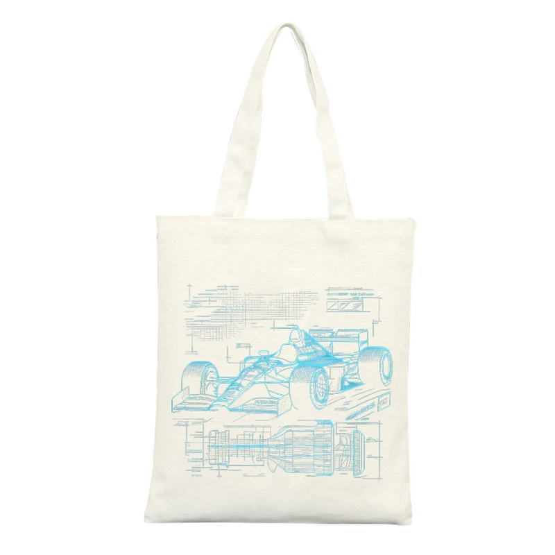 Racing Car Blueprint Graphic Canvas Tote Bag, Ideal for Casual Daily Use and Shopping Outings