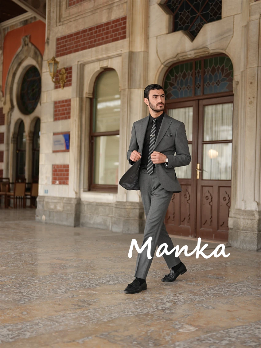 Classico 5% lana grigio sposo vestito Peak risvolto taglio italiano Slim Fit 2 pezzi giacca pantaloni abiti da uomo festa formale