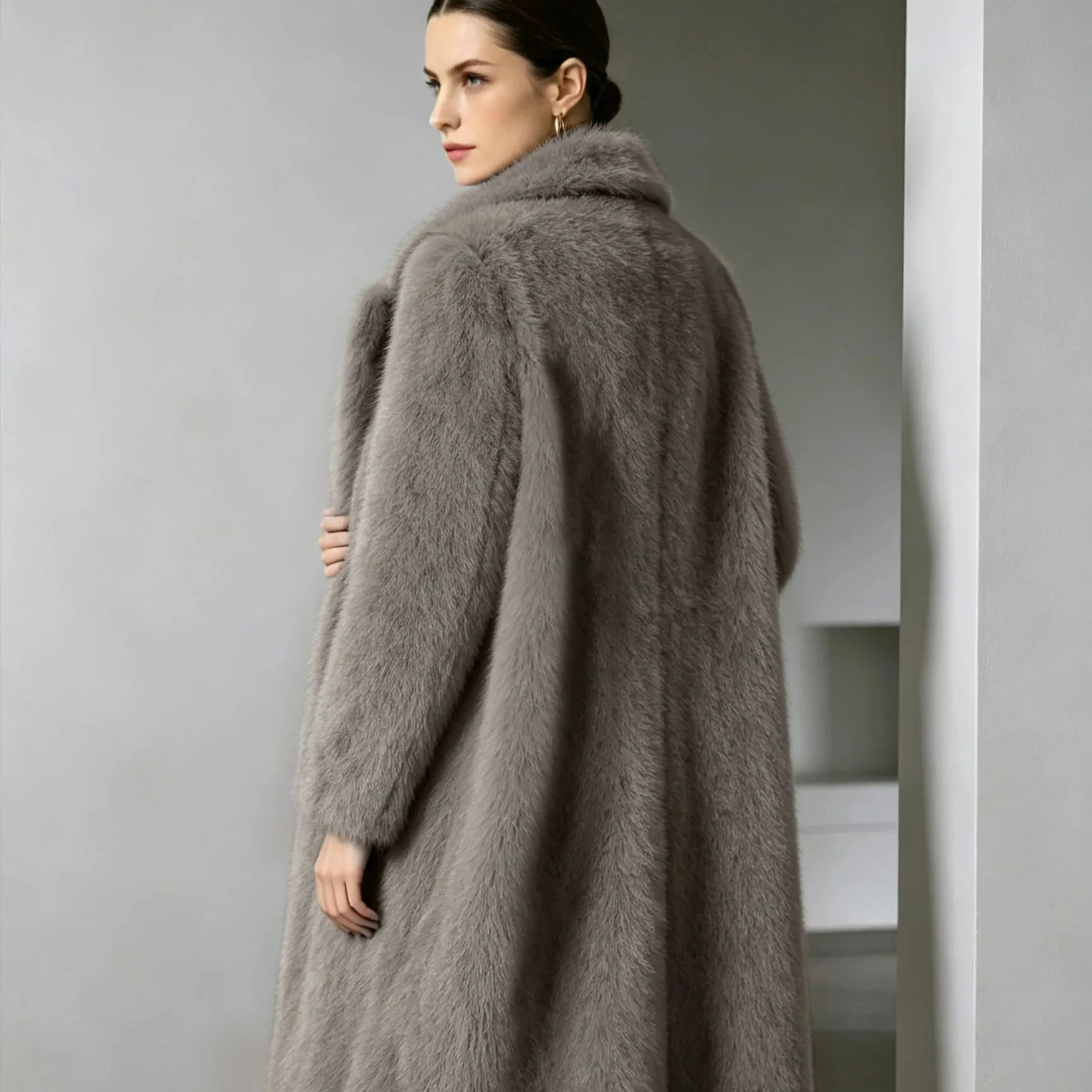 Women's Grey Long Faux Fur Overcoat Lapel Collar Loose Luxury Fluffy Thick Warm Winter Long Sleeve Outerwear