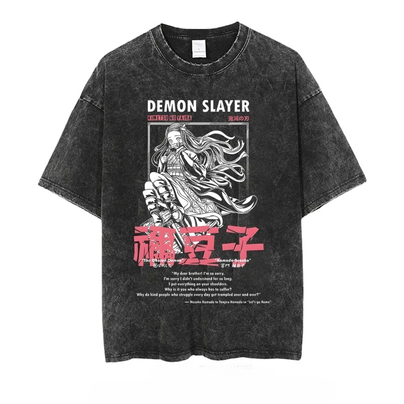 Herren T-Shirt Anime Demon Slayer Bedruckt Washed Vintage Loose Fit Damen Kurzarm T-Shirt Übergroßes Gym Y2k Kleidung Top Sommer