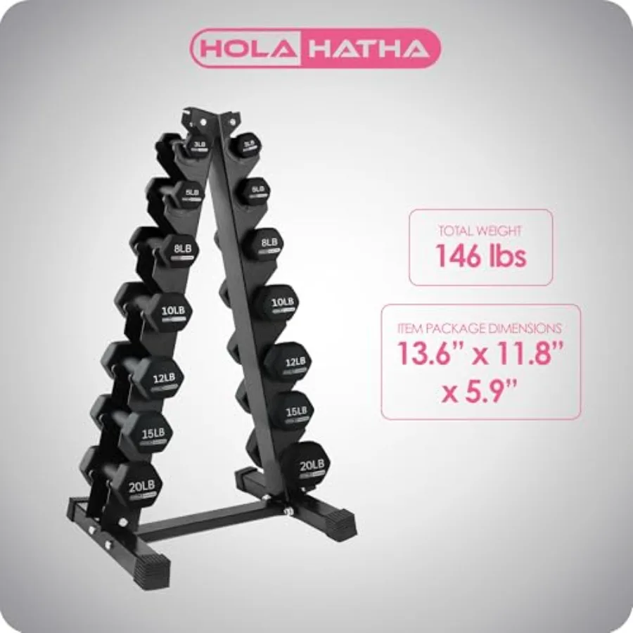 Neoprene Hexagon Dumbbell Set with Storage Rack for home gym, black, durable non-slip grip and space-saving design