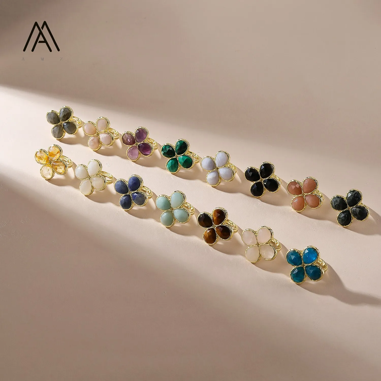 Vintage Facted Teardrop Rings 4-Leaf Clover Natural Gemstone Finger Rings Women 18K Gold Plated Citrine Spiritual Jewelry Gift