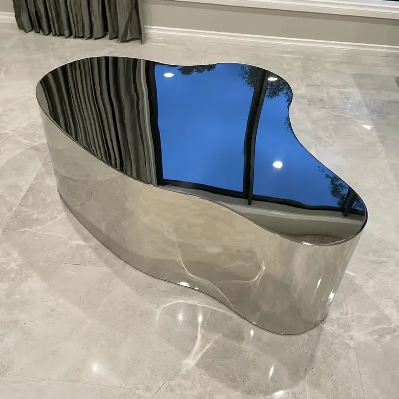 Mirror Silver Stainless Steel Coffee Table Water Ripple Design Luxury Living Room Furniture Small Apartment Modern Creative