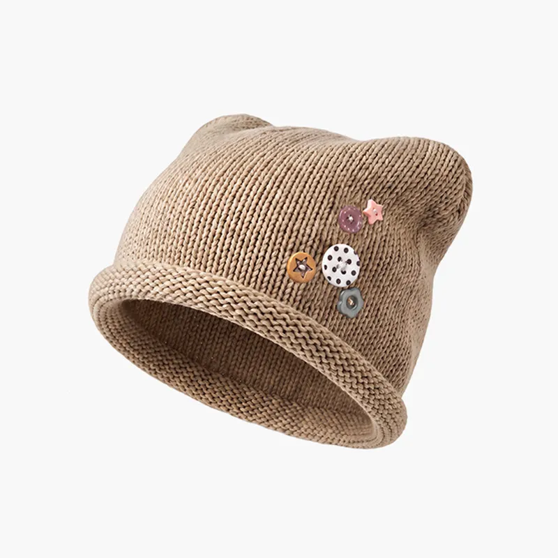 Japanische Katzenohren-Strickmütze mit Knopfverschluss für Frauen mit großem Kopf, warme Ohrenschutz-Mütze für Herbst und Winter – Detail 8