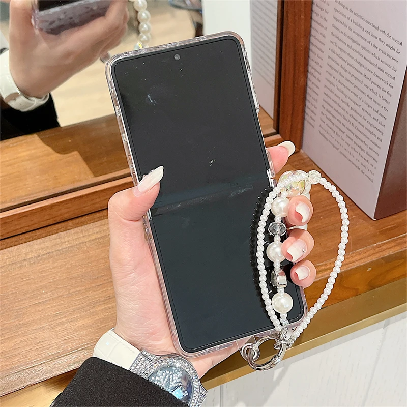 Funda de teléfono con bonito lazo y flores onduladas de agua transparente para Samsung Galaxy Z Flip 7 6 5 4 3 Flip5 Flip6 Flip7 con fundas de cadena Capa