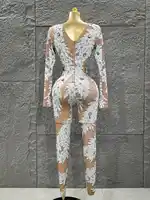 Wholesale Women Sexy Long Sleeve Shinning Rhinestones Bodycon Jumpsuit Celebrate Nightclub Party Performance Costume Stage Wear - Image 6