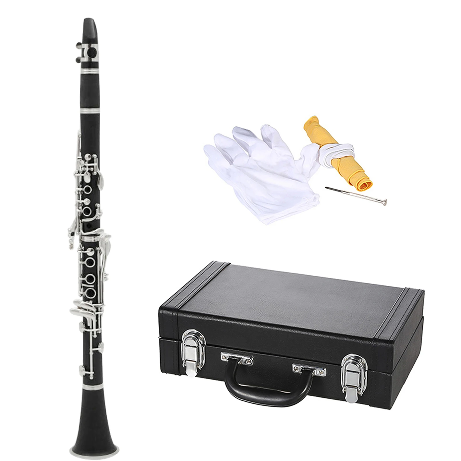 

ABS Clarinet Bb Cupronickel Plated Nickel 17 Key with Cleaning Cloth Gloves Screwdriver Woodwind Instrument for Beginner Student