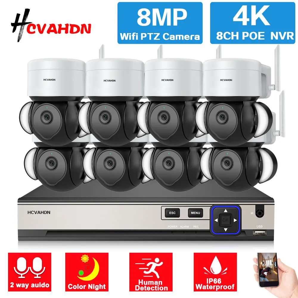 4K Wifi PTZ Security Camera System Kit 8CH NVR System Outdoor Auto Tracking 2 Way Audio CCTV IP Camera Video Surveillance Kit