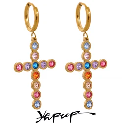 Yhpup Waterproof Colorful Cubic Zirconia Stainless Steel Cross Drop Hoop Earrings Fashion Daily Men Women Unisex Golden Jewelry