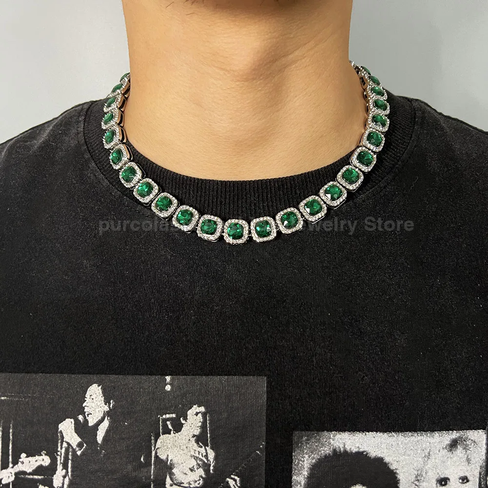 NEW Luxury Green Glass Necklace for Men Women 12mm Tennis Chain Cuban Link Hip Hop Square Bling AAA Rhinestones Glass Jewelry