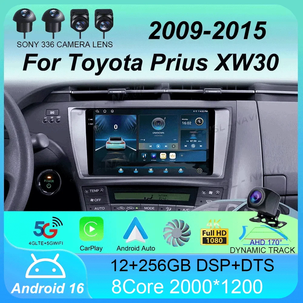 Android 16 Car Radio Carplay For Toyota Prius XW30 2009 2010 2011 - 2015 Navigation GPS Multimedia Player wifi+4G BT Auto 2 DIN