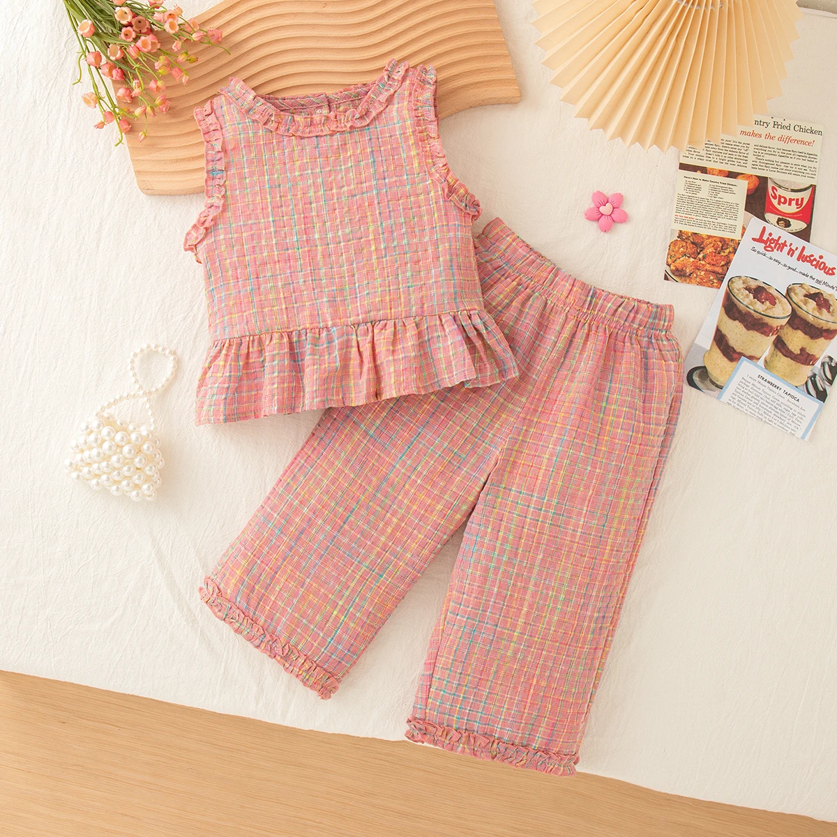 

Комплект одежды для маленьких девочек из 2 предметов, летний новый трендовый комплект, милая майка в клетку и брюки, детская одежда для повседневных прогулок, От 9 месяцев до 4 лет