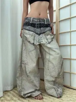 3D Digital Print Double Head Waist Belt Silhouette Jeans Street Style Loose Wide Leg Knife Long Pants Women's Casual Jeans