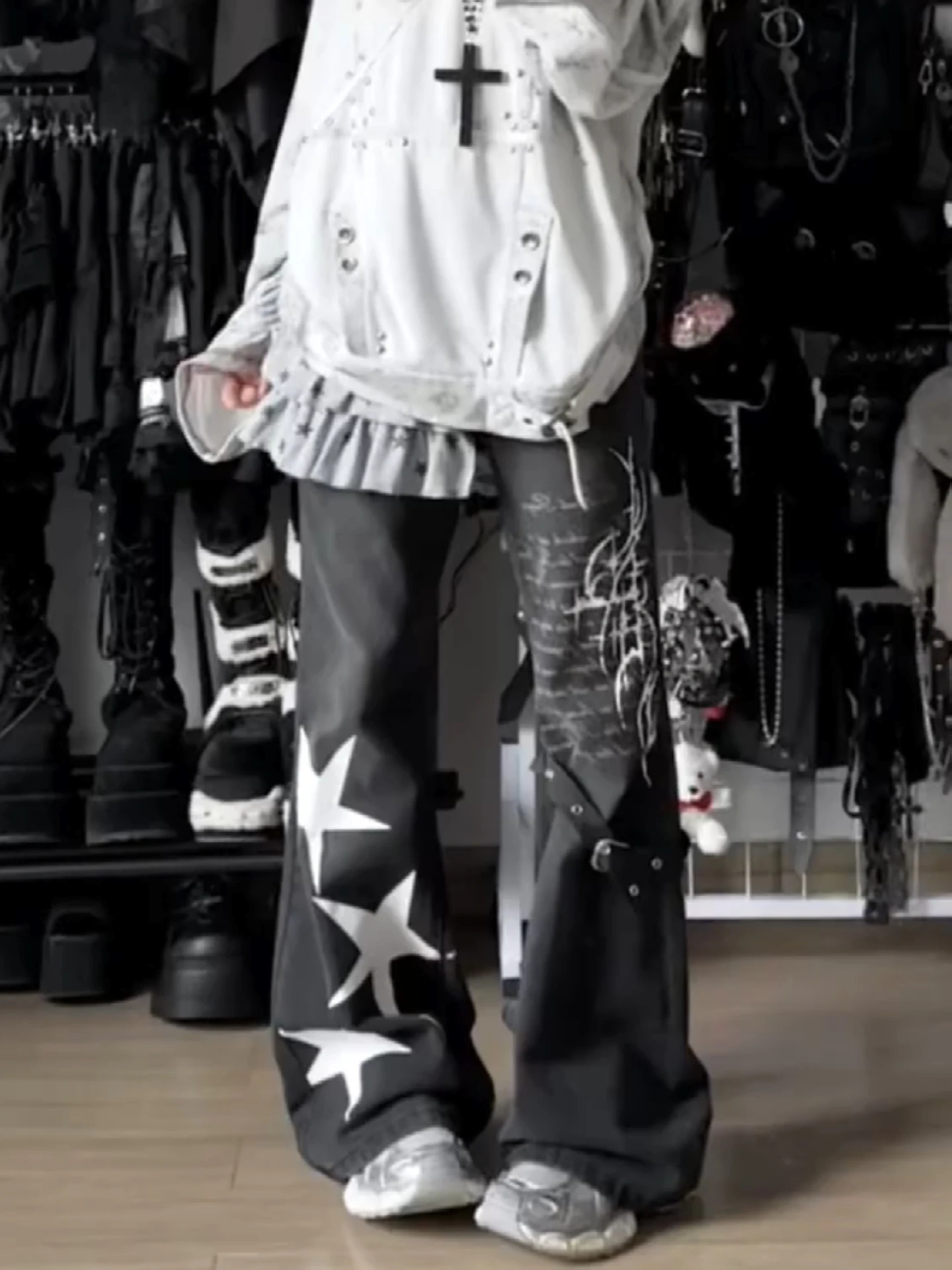 

Retro Star Print Bell Bottom Jeans Women's Punk Style Slim Fit Floor Length Pants Casual High Waist Denim Fabric All Seasons