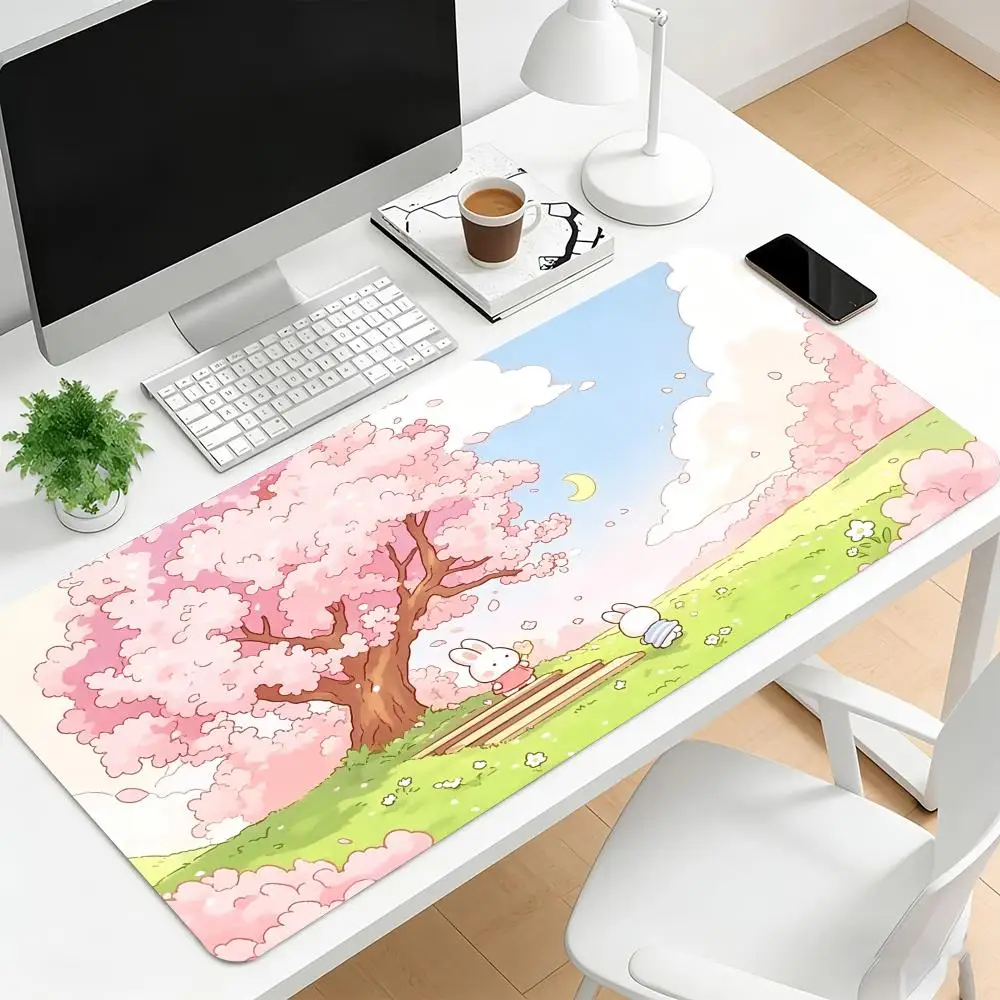Kawaii Sakura Bunny Large Extended Gaming Mouse Pad Non Slip Desk Surface Cherry Blossom Print For Gaming And Office Workspace