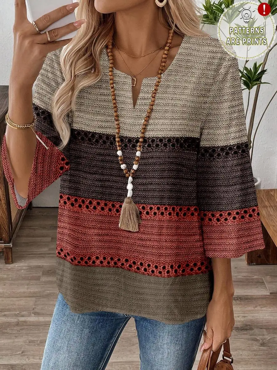 

Colorblock V-Neck Casual Knit Shirt For Women