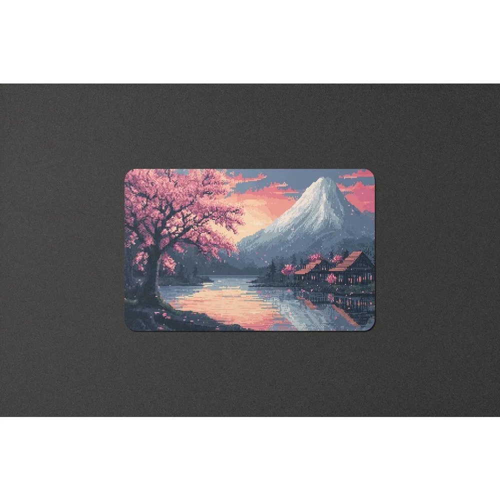 Pixel Art Mount Fuji Cherry Blossom Sunset Lake TCG Playmat Retro Japanese Pixel Landscape Premium Rubber Large Gaming Desk Mat