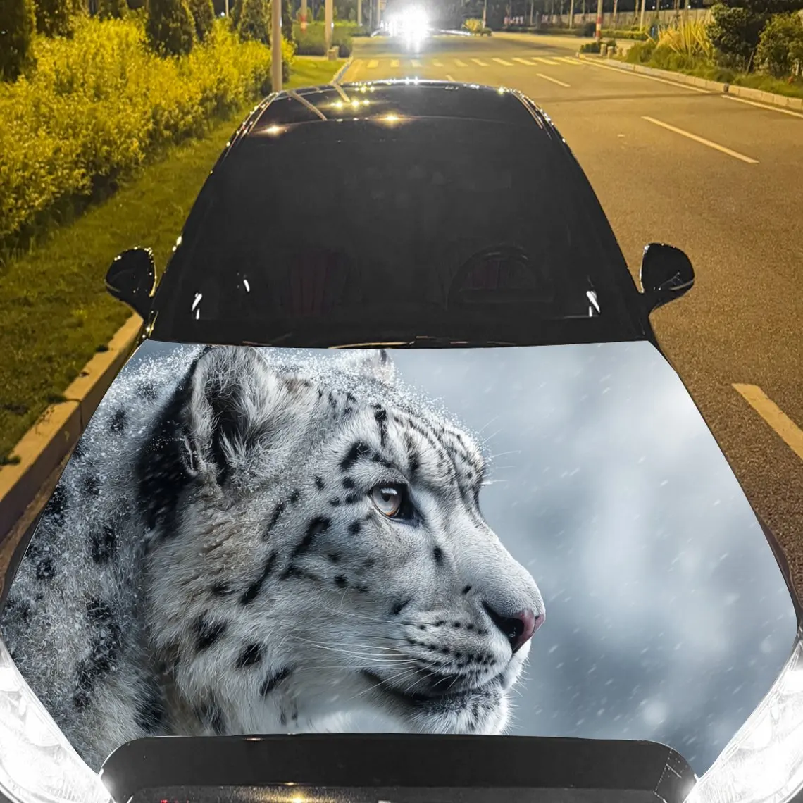Car Decal Snow Leopard with Misty Gray Sky Artistic Background & Ferocious-Mysterious Alpine Aesthetic Car Hood Sticker, Waterpr