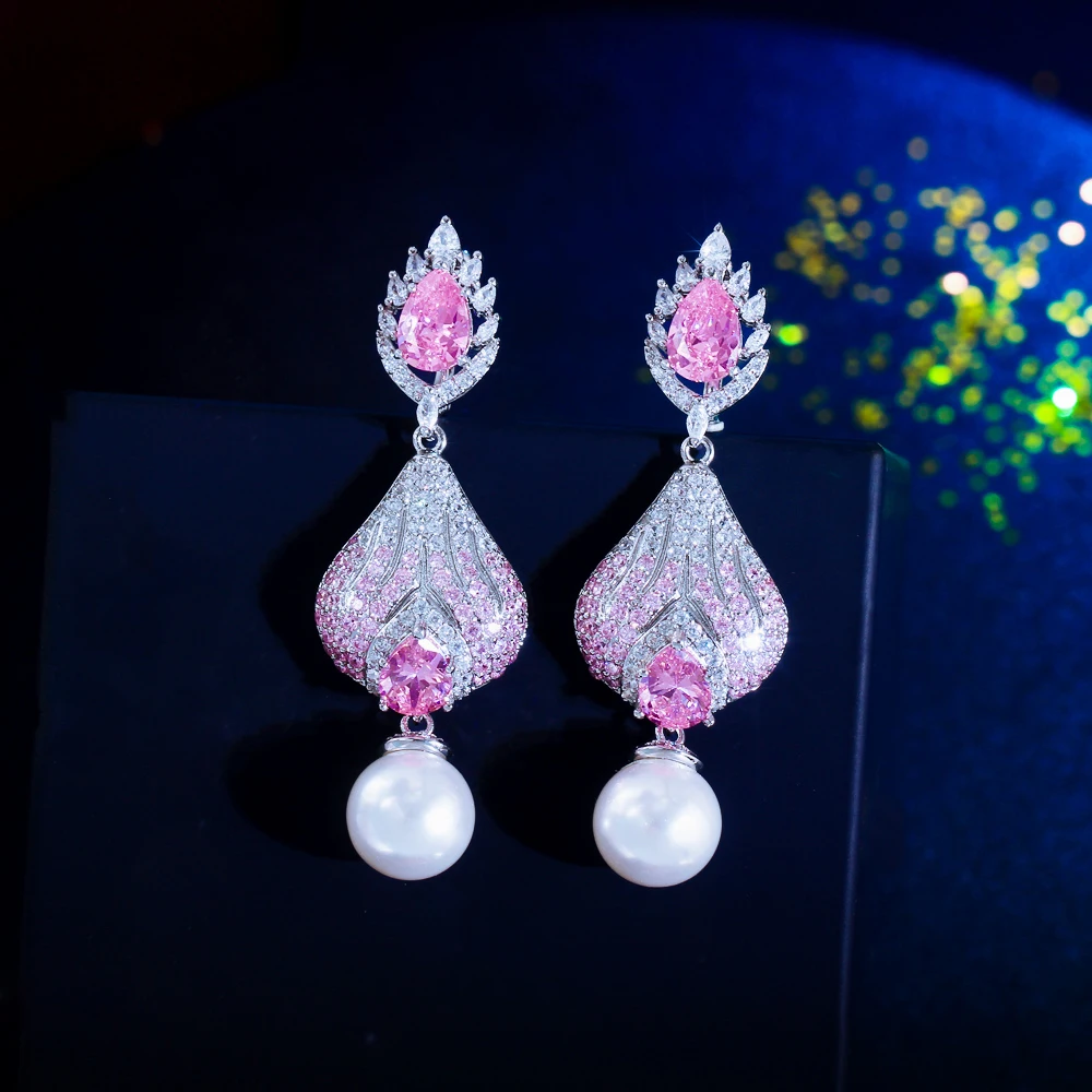 CWWZircons Luxury Chunky Pink Cubic Zirconia Pave Long Dangle Drop Pearl Huggie Earrings for Women Festival Party Jewelry CZ976