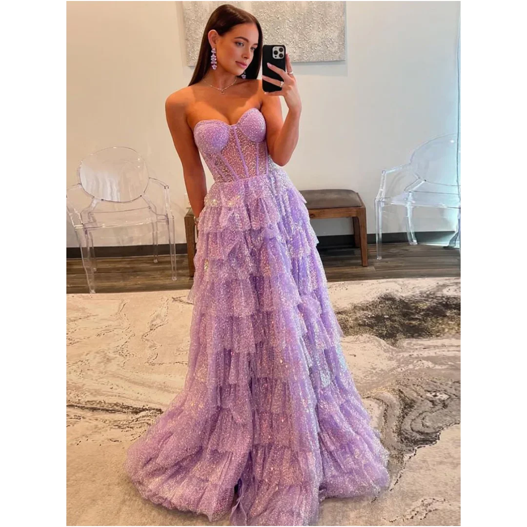 

Lavender A-Line Sweetheart Sequins Evening Dresses Woman Elegant vestidos de noche Tiered Prom Dress 2025 Party Gowns Customized