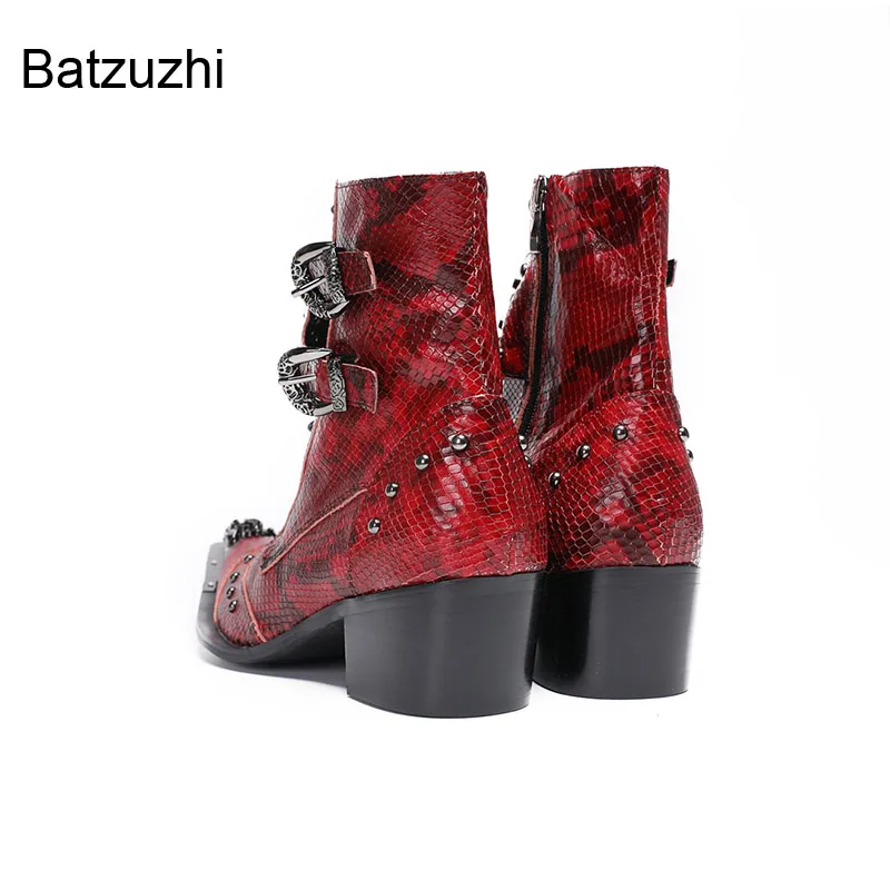 

NEW 6.5cm High Heels Men's Boots Pointed toe Punk Red Leather Ankle Boots Man Straps Zip Pointed Iron Toe Party Footwear!